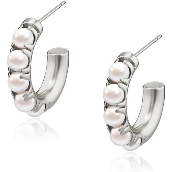 ✨ 14K Gold Twisted Rope Pearl Hoop Earrings | Elegant Huggie Dangle ✨ - Picture 2 of 3